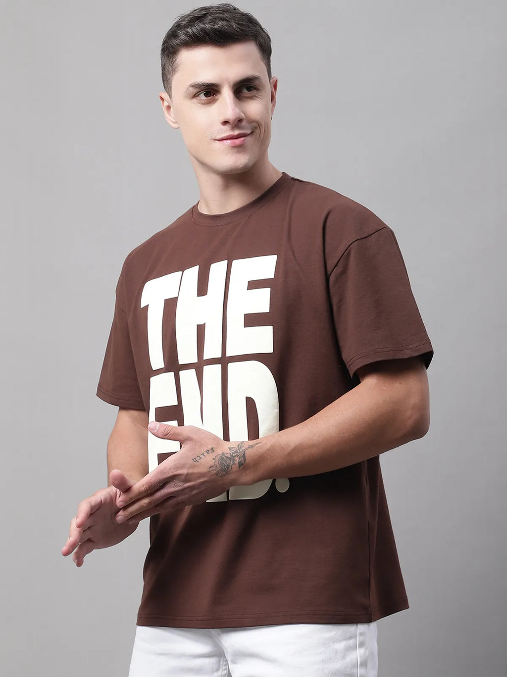 Brown Cotton Oversized Graphic T-shirt For Men