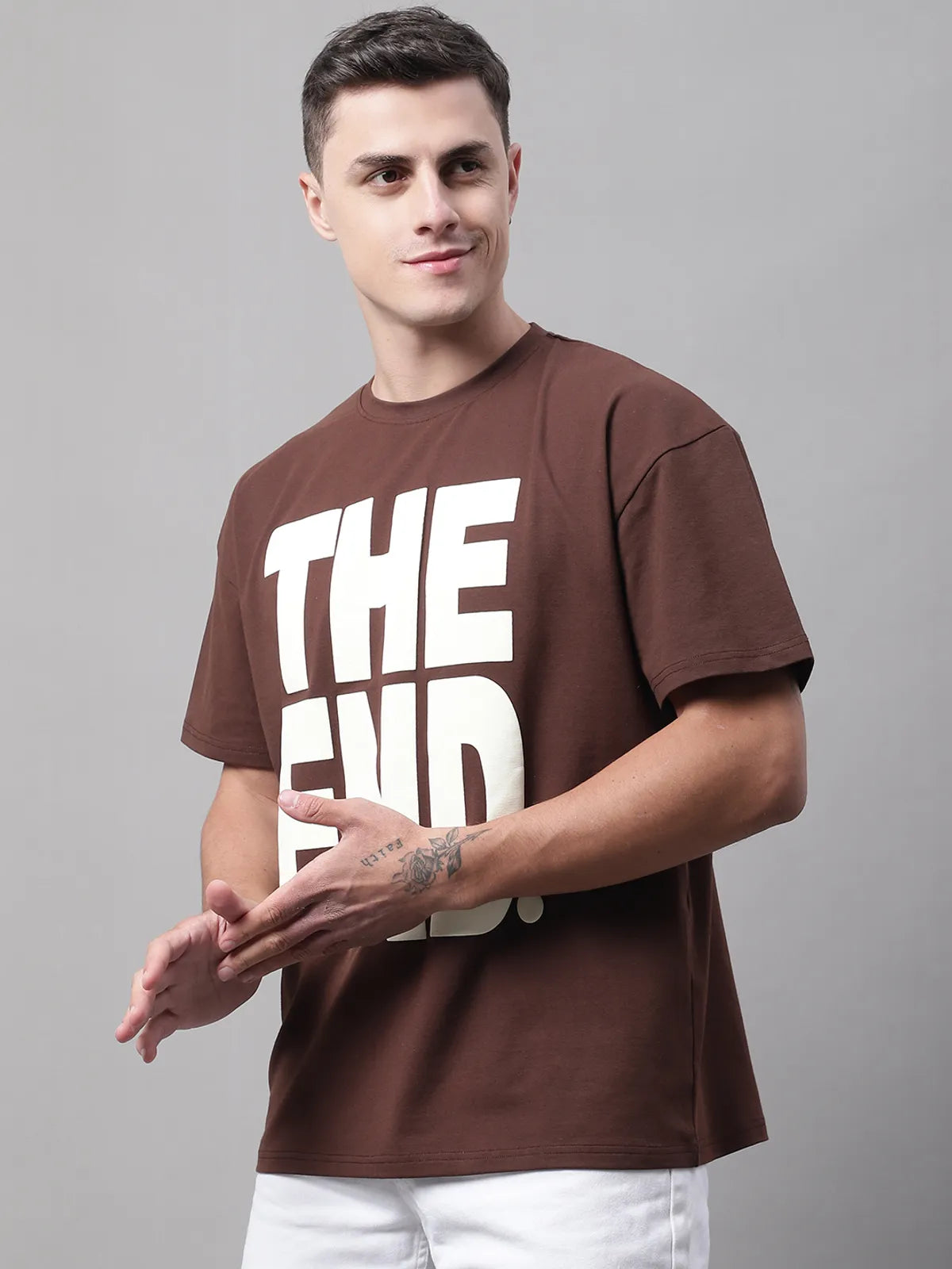 Brown Cotton Oversized Graphic T-shirt For Men