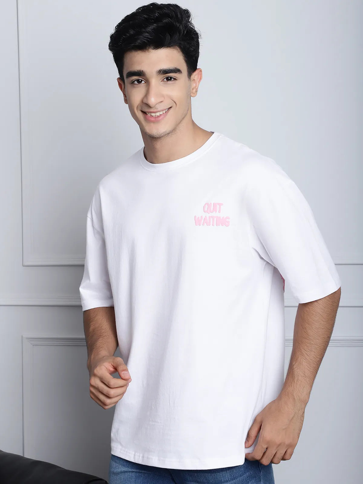 White Pink Text Oversized T-shirt For Men Casual Style