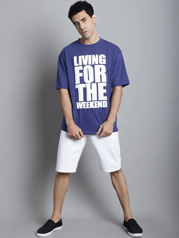 Blue Typography Oversized T-shirt For Men