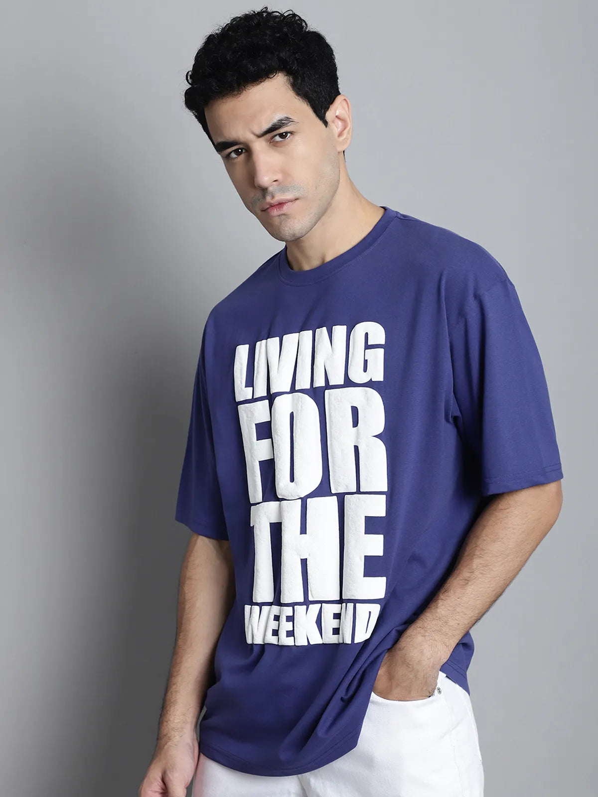 Blue Typography Oversized T-shirt For Men