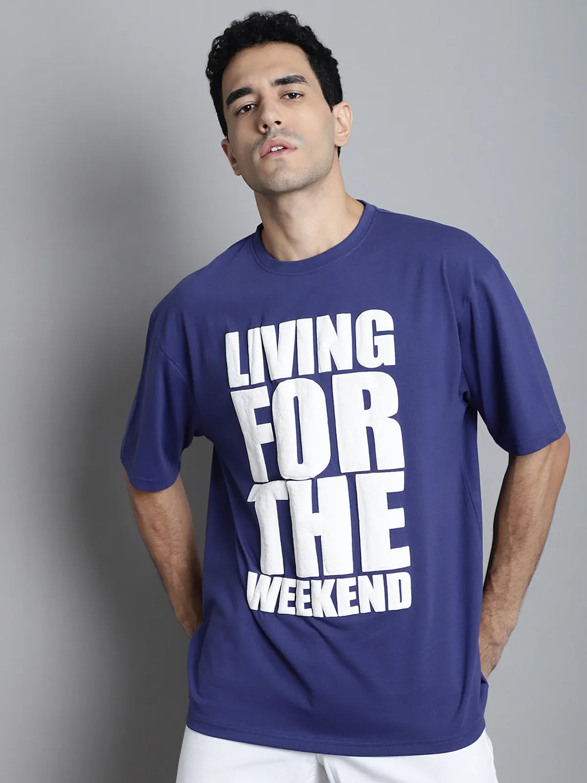 Blue Typography Oversized T-shirt For Men