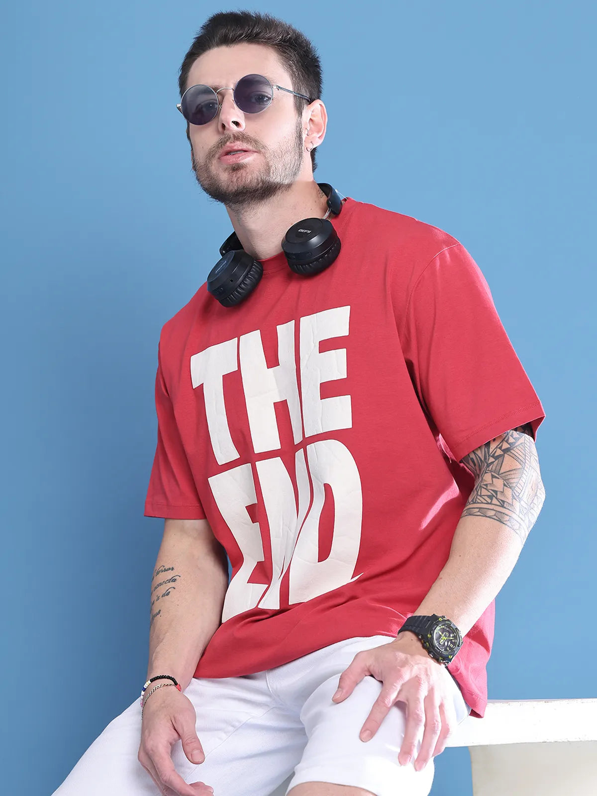 Red The End Graphic Tee for Men in Oversized Street Fit