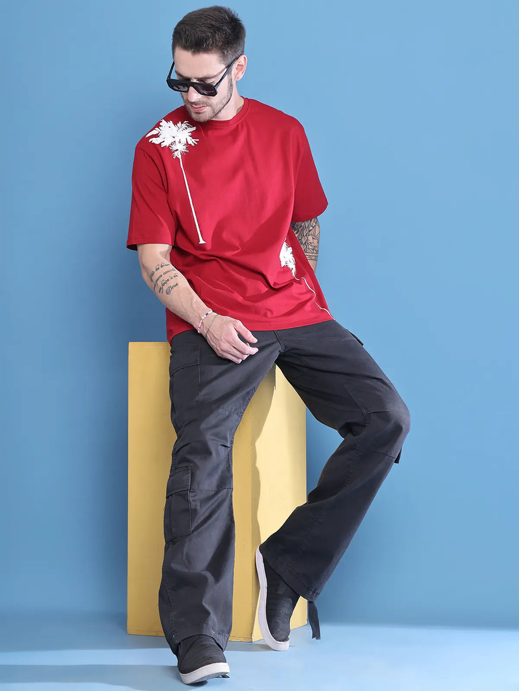 Red Palm Tree Print Oversized T-shirt For Men